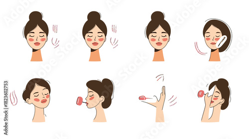 Set of flat vector illustrations showing women performing facial massage and skin care routine using facial rollers and hand techniques for relaxation and beauty care
