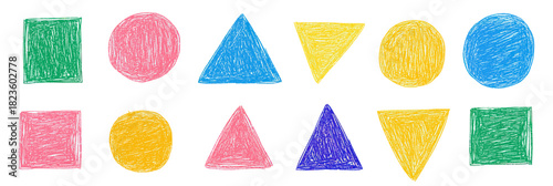 Hand drawn colorful crayon texture geometric shapes set including squares circles triangles with childlike doodle style on white background