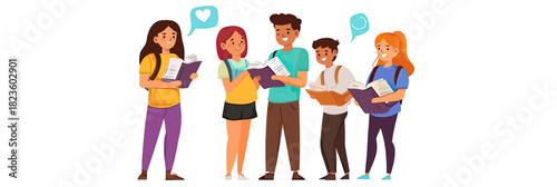 Group diverse students studying together with books and gadgets sharing knowledge communication learning concept flat vector illustration cartoon characters
