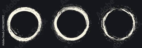 Set of three hand drawn white chalk circle badges with rough brush stroke style on black background for design and decoration elements in grunge artistic appearance vector illustration