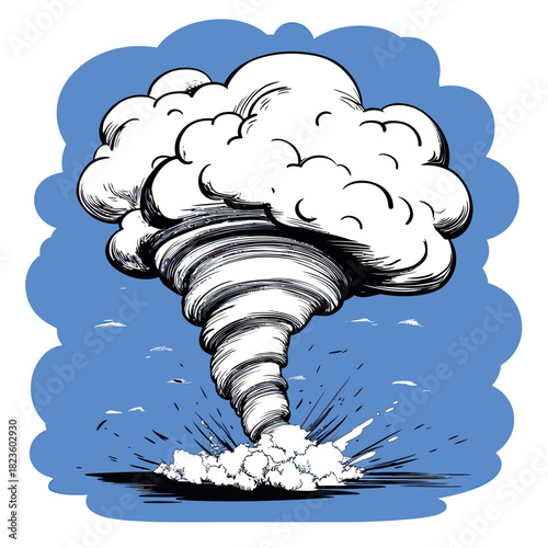 Detailed black and white hand drawn tornado funnel cloud with dust and debris on blue background natural disaster vector illustration