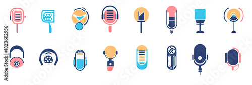 Flat minimalist vector icons set of podcast microphones headphones audio recording equipment broadcasting communication technology design