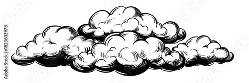 Detailed black and white engraved style vector illustration of layered clouds with intricate shading and outline in minimalist flat design for weather and nature concepts