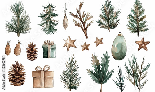 Watercolor Christmas pine branches, pinecones, holly leaf, gift boxes, and star ornaments festive holiday hand painted elements set in minimalist vector style collection