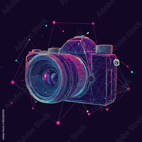 Abstract digital wireframe illustration of camera with polygonal geometric lines and dots in neon RGB colors on dark background for photography concept