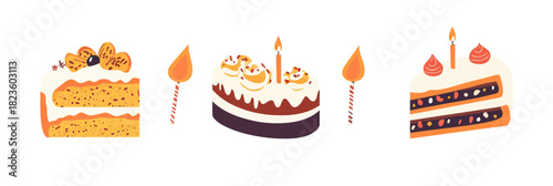 Three different slices of decorated birthday cakes with lit candles and cream toppings isolated on white background flat vector illustration