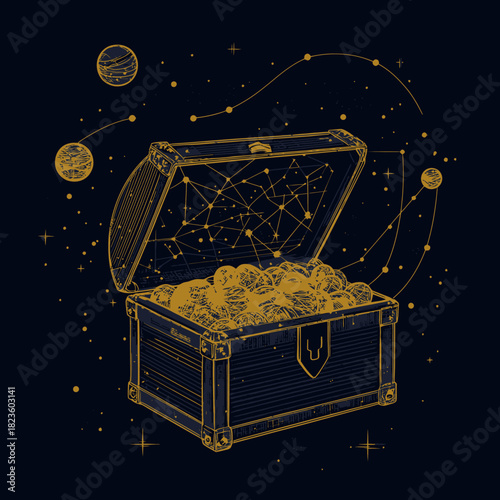 Open treasure chest filled with glowing celestial orbs and connected star constellations in cosmic space wireframe vector illustration