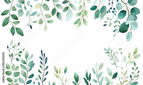 Watercolor green leaves frame border with eucalyptus and delicate botanical foliage branches on white background for invitations and cards design