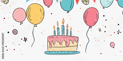 Hand drawn birthday cake with lit candles and colorful floating balloons party celebration doodle vector illustration festive invitation decoration elements