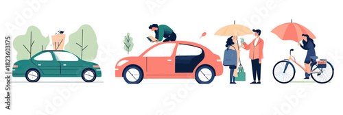 Flat minimalist vector illustration of people buying car and bicycle insurance policies with protective umbrella and vehicle coverage concept in urban setting