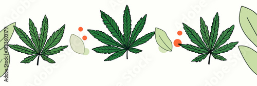 Cartoon style green cannabis leaves and decorative light green leaves with orange dots seamless border vector flat minimalist illustration