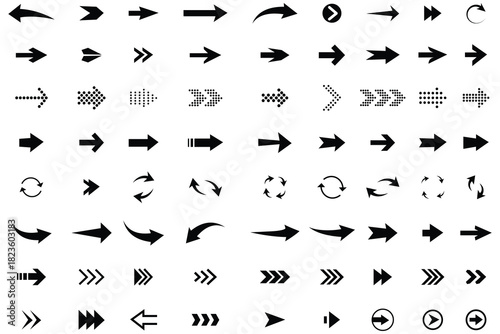 Collection different arrow icon set vector illustration.  Arrow cursor collection. Different arrow sign. Modern simple arrow design.