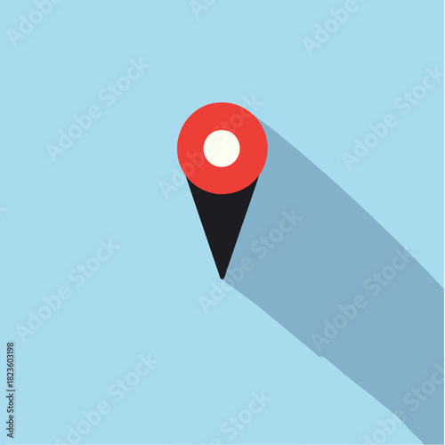 Minimalist red and black location map pin marker with white center and long shadow on light blue background flat vector icon illustration for GPS navigation or map destination concept