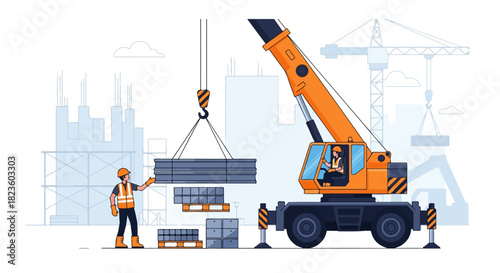 Construction Worker Crane Tools Lifting Concrete Vector – Heavy Equipment Building Illustration