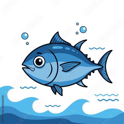 Cute cartoon blue tuna fish swimming happily in the ocean with bubbles and waves.