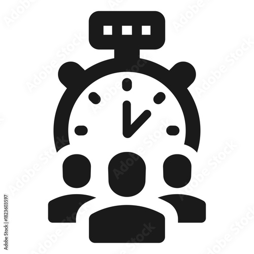 Team urgency stopwatch icon – group of people with timer symbol for deadline pressure, fast teamwork, time tracking, productivity, and project management in minimal outline vector style
