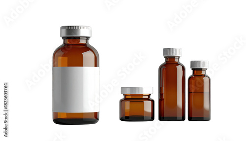 Four brown glass medicine bottles with white caps and labels sit on black background