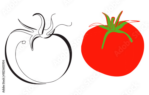 Black outline tomato next to red and green tomato fruit