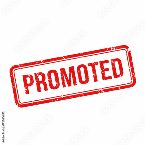 A red rectangular rubber stamp with the word "PROMOTED" in distressed grunge text on a white background.