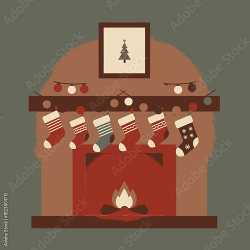 A cozy Christmas fireplace illustration with six stockings hanging from the mantelpiece and a framed tree picture.