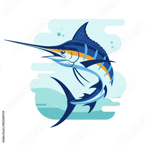Dynamic illustration of a blue marlin leaping from the ocean waves, showcasing its powerful and sleek form.