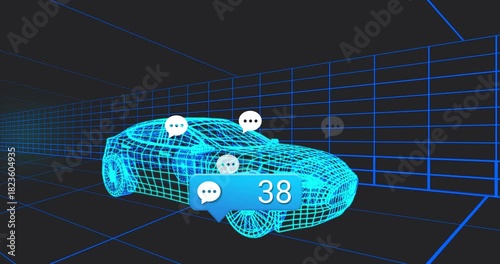 Neon cyan 3D mesh car getting badge appearing, counter climbing, chat icons floating up as alerts