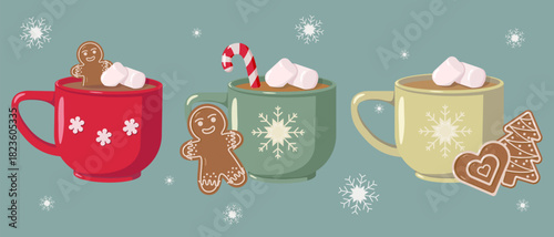 Three mugs of hot chocolate with marshmallows, each decorated with snowflakes and paired with festive cookies gingerbread man, candy cane, heart, and tree. Cozy winter illustration on teal background