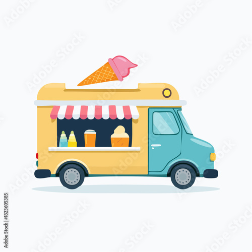Cartoon illustration of ice cream food truck with pink ice cream cone