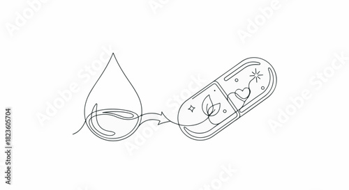 Continuous line drawing of natural supplement capsule and water drop isolated on white background