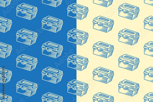 Toolbox line art seamless pattern on blue beige background for adventure merchandise. Storage box engraving doodle pattern background. Tackle and utility box illustration hatching motif wallpaper