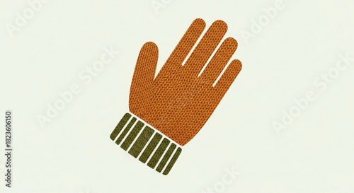 Knitted orange winter glove icon with green striped cuff, a warm hand covering accessory for cold weather, light background