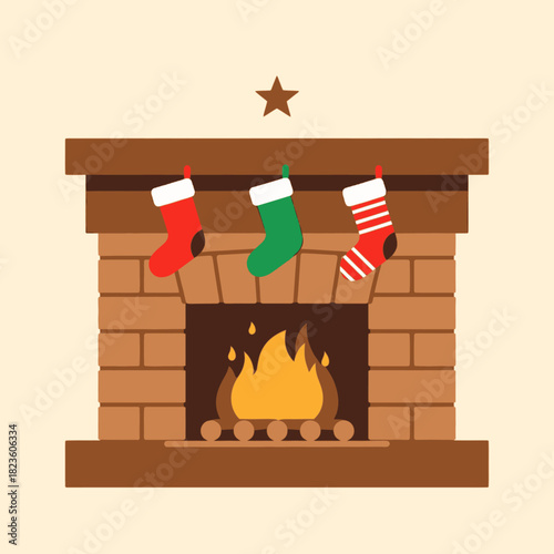 A cozy brick fireplace adorned with festive Christmas stockings and a glowing fire.