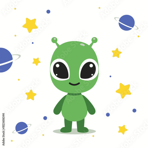 A cute cartoon alien with big eyes, small antennae, and a friendly smile in a space-themed background.