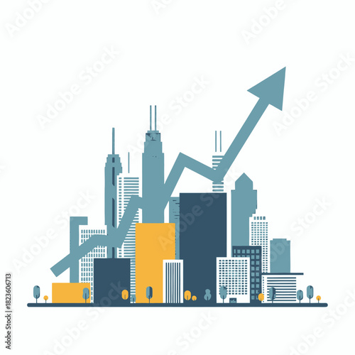 Cityscape with upward arrow indicating growth and progress.