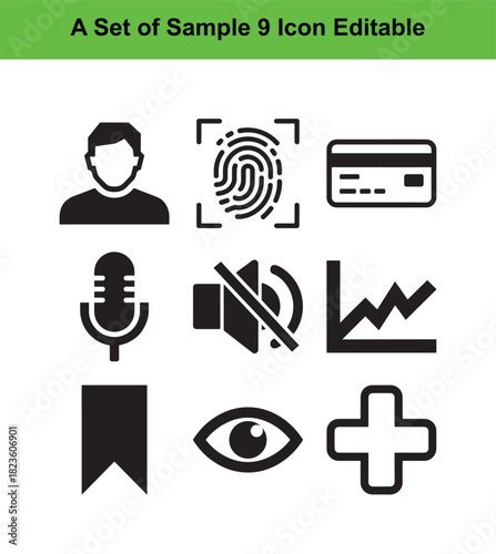 Set of nine black graphic icons on white background symbol user