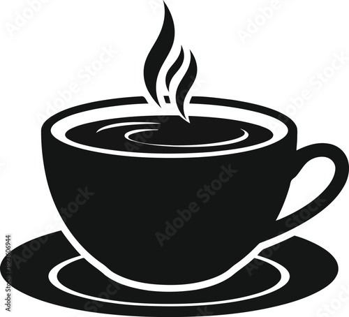 Aromatic Hot Coffee Cup on Saucer with Steam Silhouette Enjoy Warm Beverage in Cafeteria Restaurant or Home Kitchen and Drink Black Mug