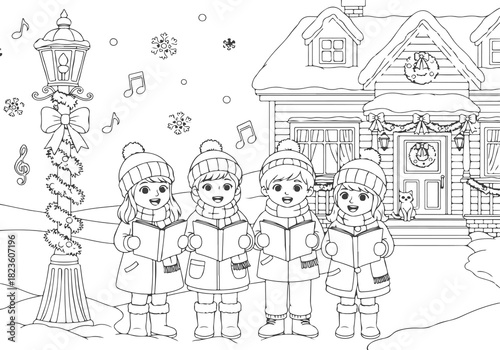 Christmas carolers coloring book illustration of children singing near house and lamp post - b