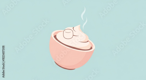 Cute cartoon illustration of a steaming bowl of hot chocolate topped with whipped cream and a marshmallow against a light blue background