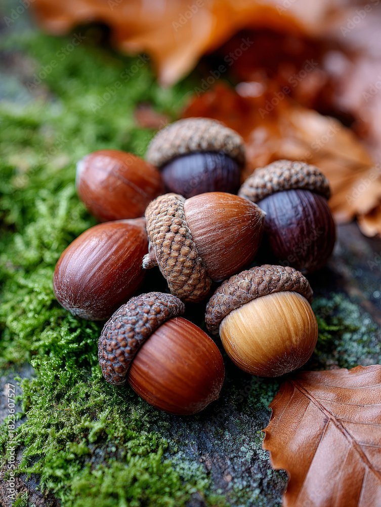 Fototapeta premium Acorns on mossy bark with autumn leaves in a forest setting.