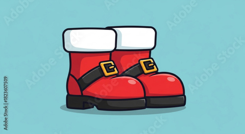 Cartoon illustration of a pair of bright red santa claus boots with black buckles and white fur trim against a light blue background