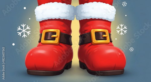 Close up of santa claus bright red boots with white fur trim and gold buckles standing against a soft blue background with falling snow illustration