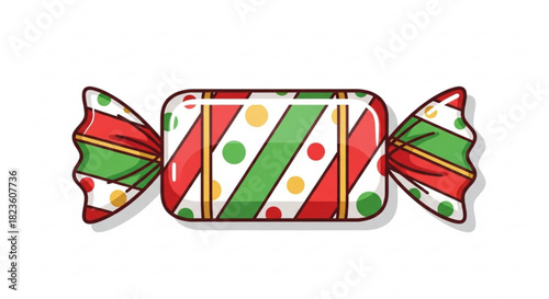 Illustration of a festive christmas hard candy wrapped in red, green, and white striped paper with colorful polka dots