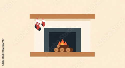Cozy flat illustration of a burning fireplace with stacked wood logs and two small christmas stockings hanging on the mantelpiece for holiday decoration