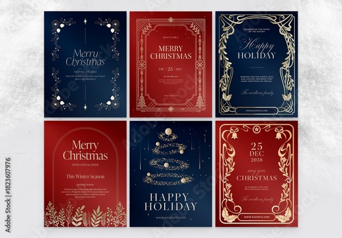 Christmas Poster Template Set in Festive Red Blue & Gold for Invitation, Flier, Greetings Card & Invite Layouts