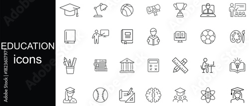 Education icon vector set.  Line icons related to E-learning, school, university, webinar, study, online training and more icons. Vector illustration.
