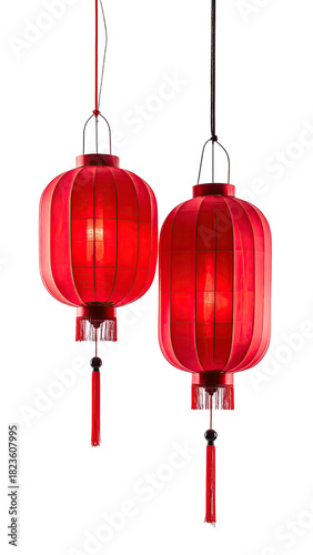 Two red lanterns glow, suspended on chains