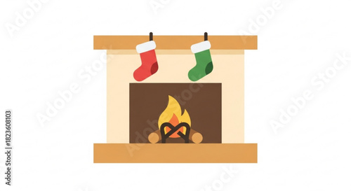 Cozy fireplace with burning wood logs and two hanging christmas stockings, one red and one green