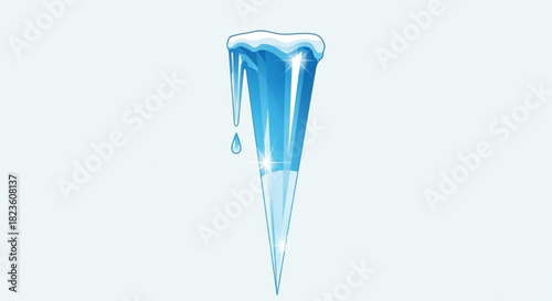 Realistic illustration of a single blue icicle dripping water, , representing winter cold and ice formation