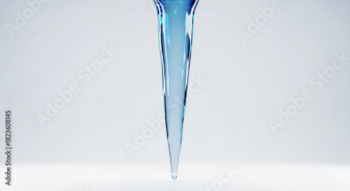 Close up of a sharp, clear blue icicle dripping water against a bright, clean