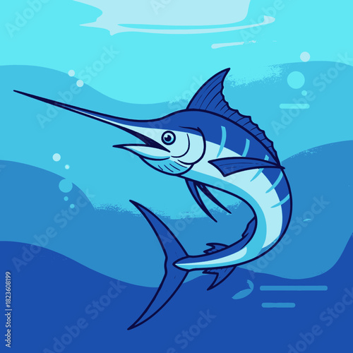 Illustration of a blue marlin swimming in the ocean.